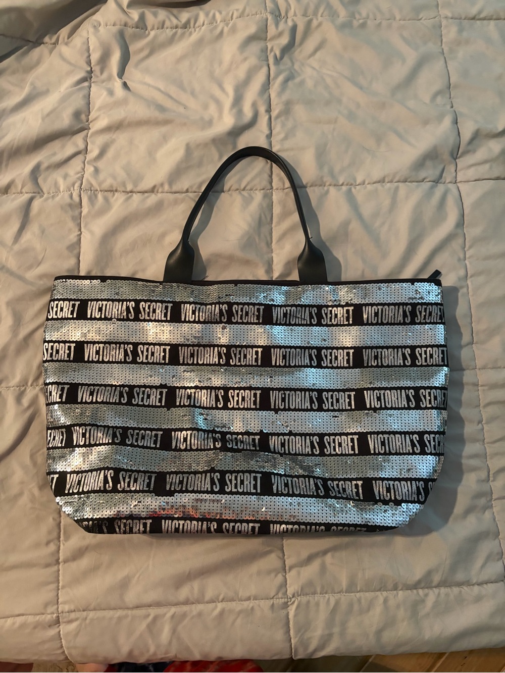Victoria’s Secret Sequin Tote Bag Black Silver Logo Stripe Large Zip Shopper
